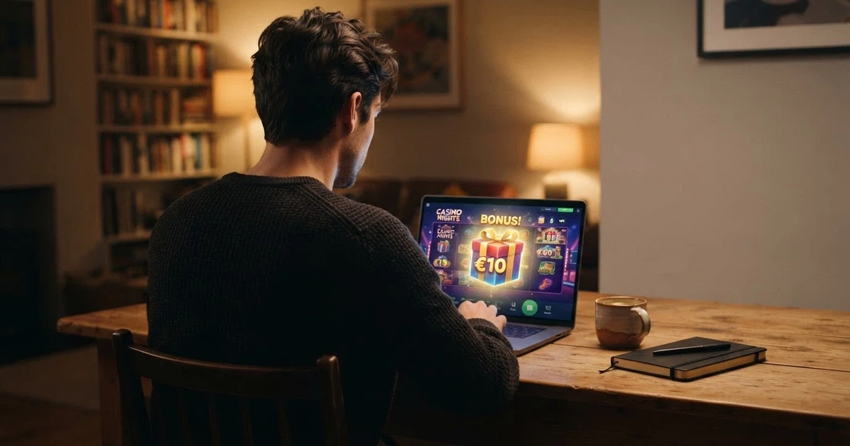 Jugador consultando una página de casino online en una pantalla, con un icono de regalo de 10€ visible en la interfaz