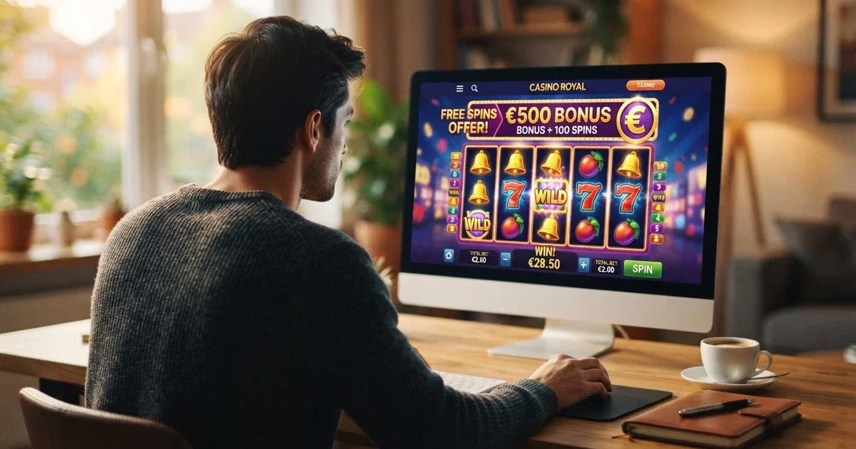 Un jugador consulta en una pantalla de ordenador una selección de slots de casino con ofertas de giros gratis, junto a un café