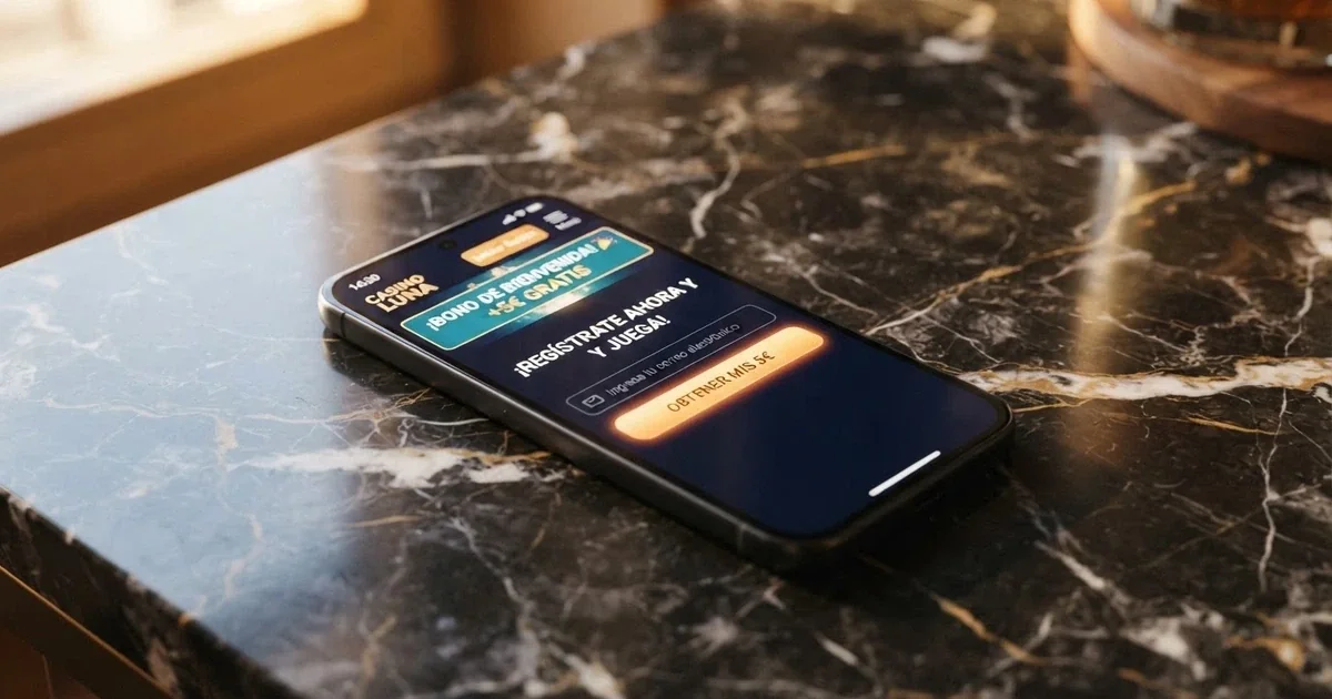 Un teléfono móvil mostrando la pantalla de registro de un casino online con la notificación de un bono de bienvenida sin depósito
