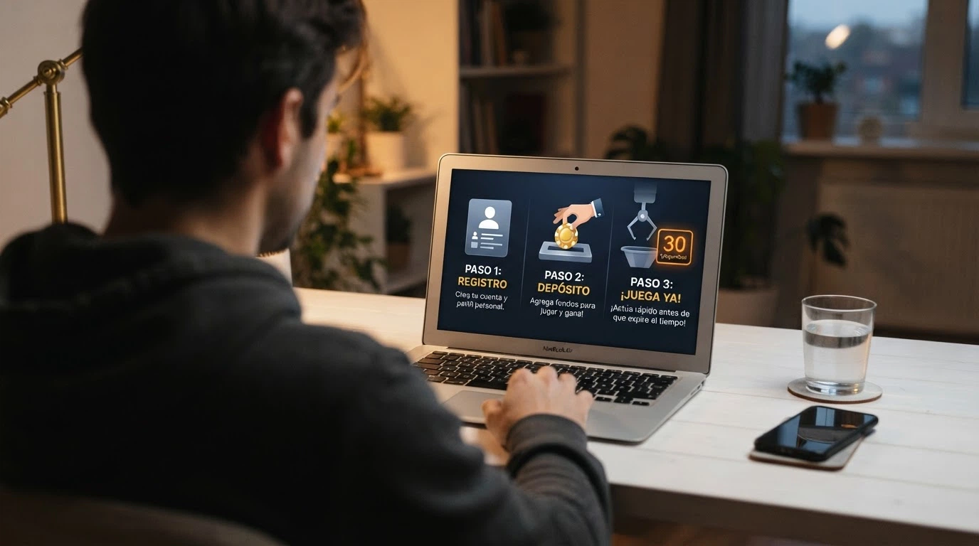 Secuencia de tres pasos ilustrados: registro, depósito y activación de la garra virtual, con el temporizador de 30 segundos visible en el último paso