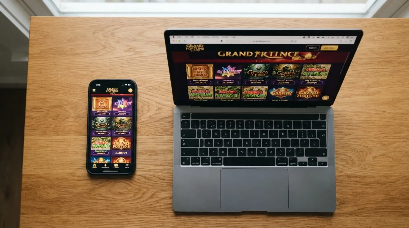 Un móvil mostrando una app de casino junto al mismo casino abierto en el navegador