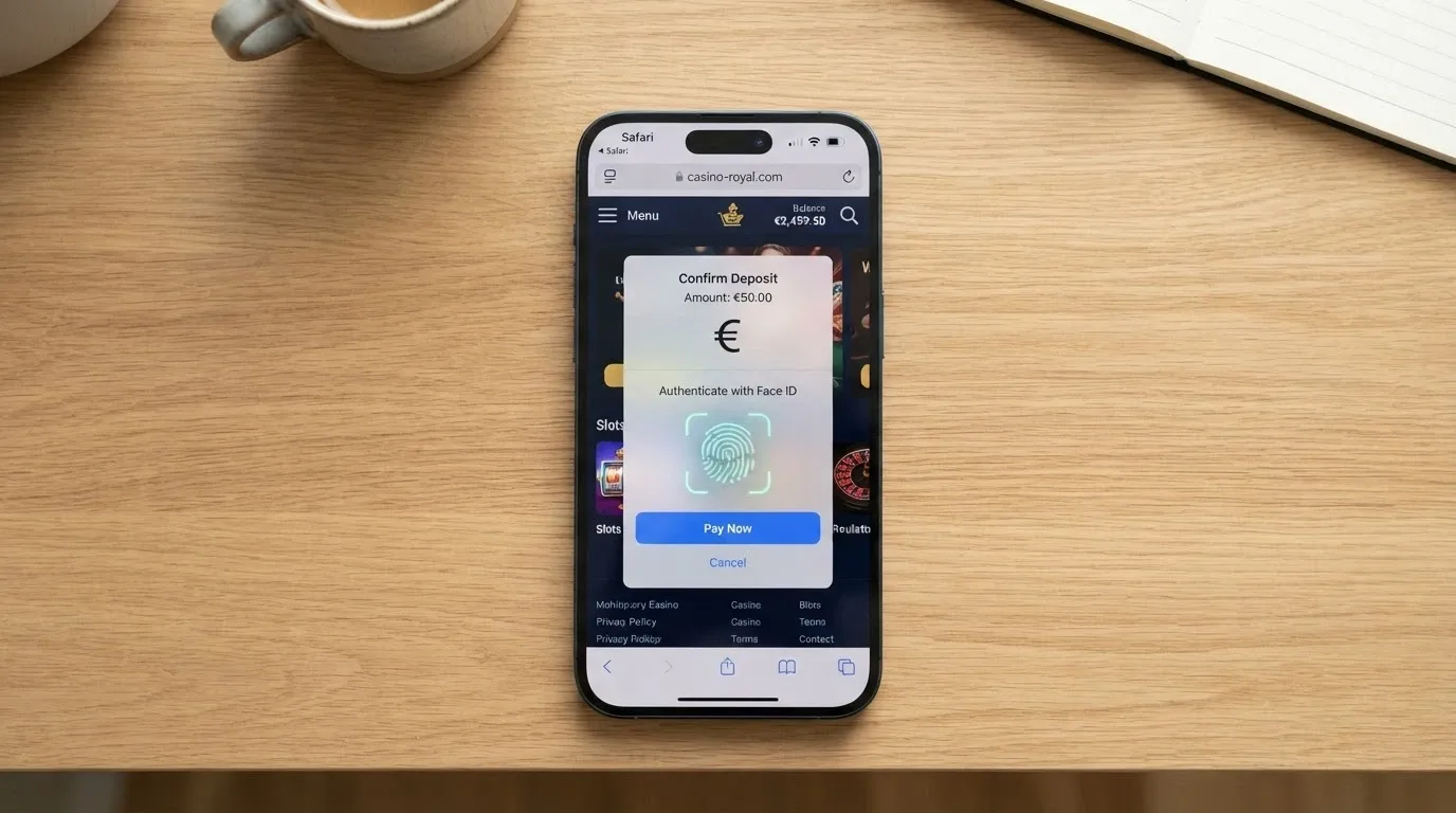 Un iPhone mostrando la pantalla de pago con Apple Pay sobre el navegador Safari abierto en un casino online