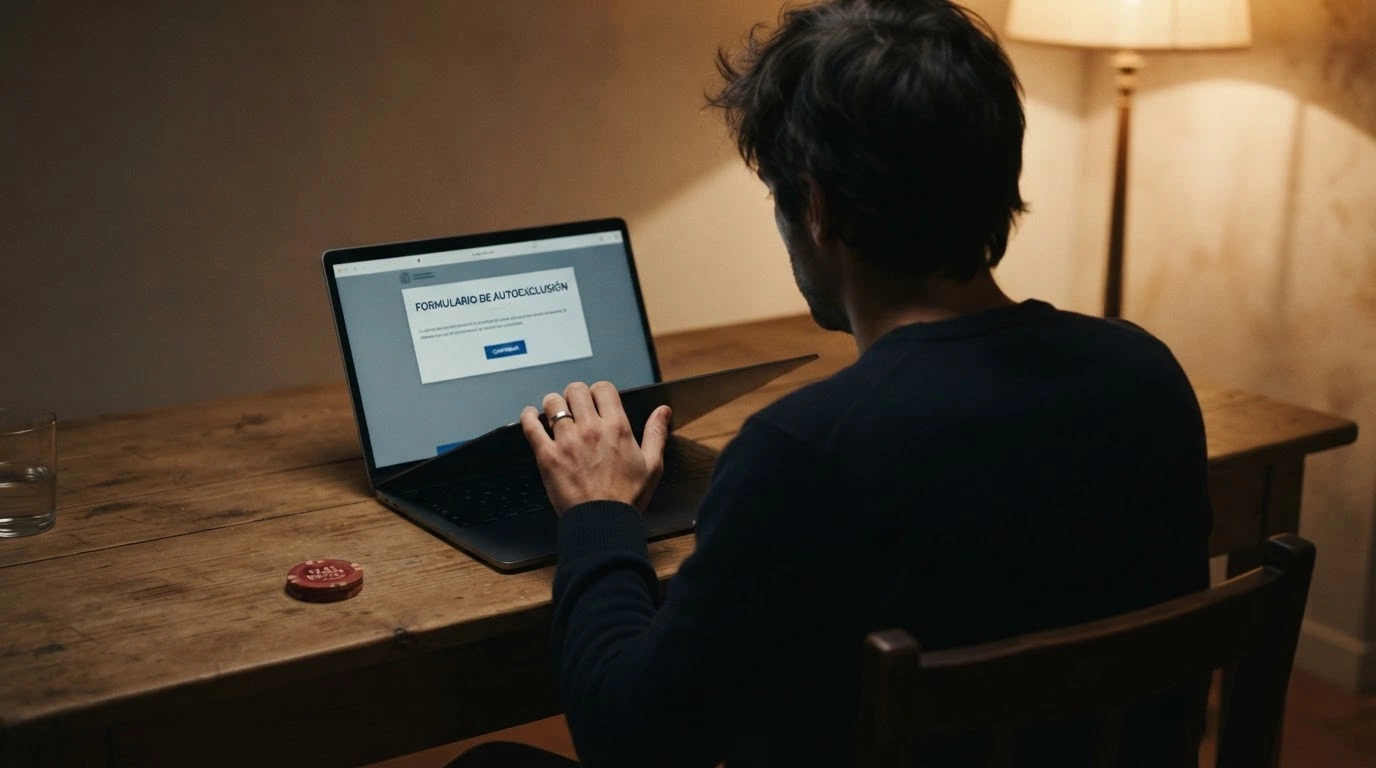 Una persona cierra la tapa de un portátil donde se ve la web de registro del RGIAJ, con una ficha de casino apartada a un lado