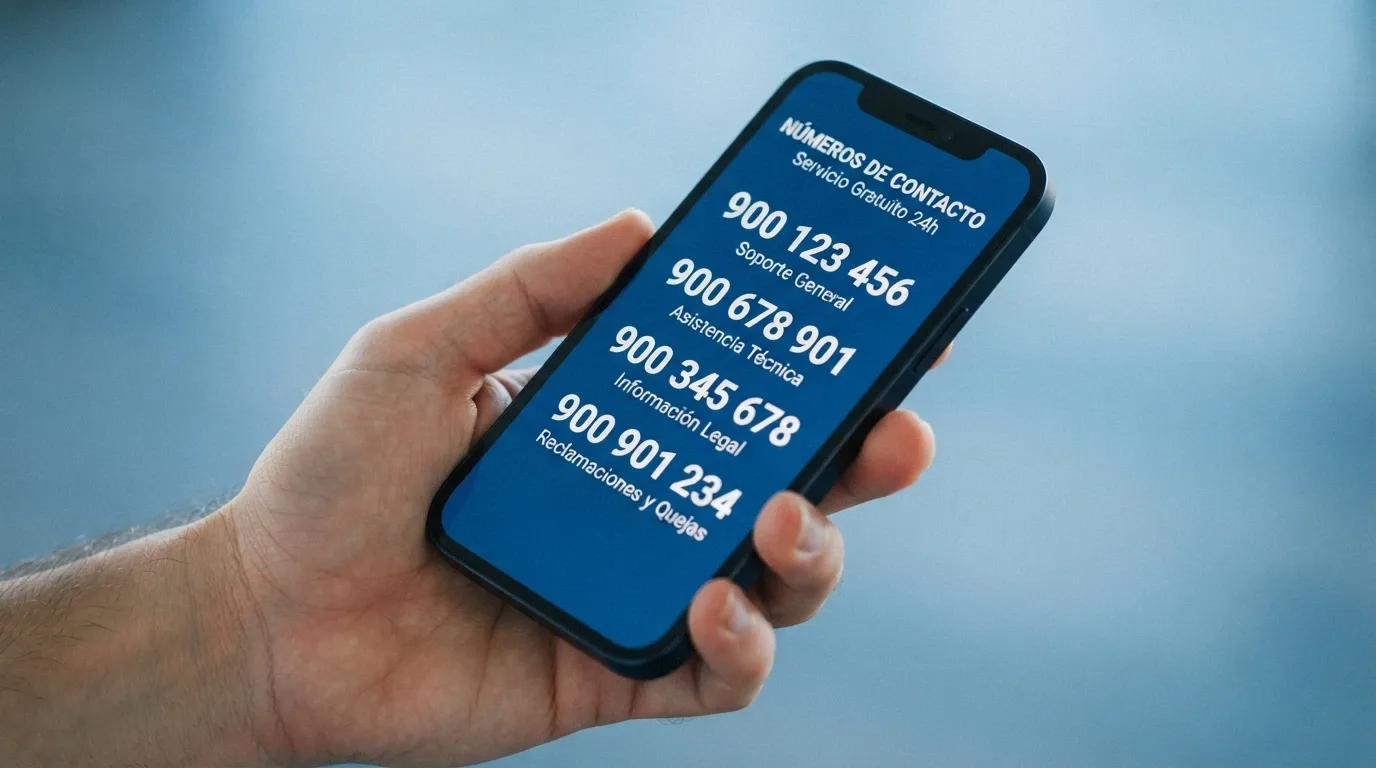 Un primer plano de un teléfono móvil con la pantalla mostrando varios números de ayuda con el prefijo 900, sobre un fondo de tonos azules calmados