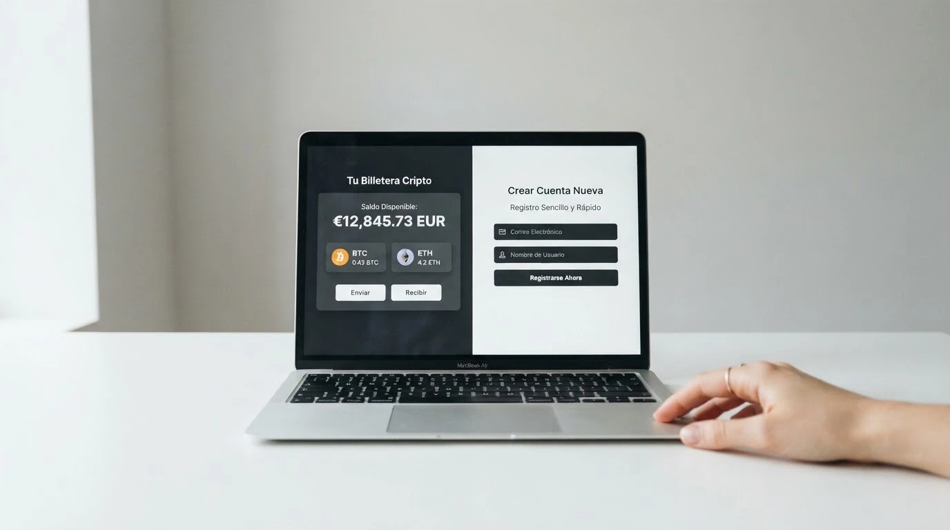 Cartera de criptomonedas en pantalla de ordenador junto a la página de registro de un casino sin campo de verificación de identidad