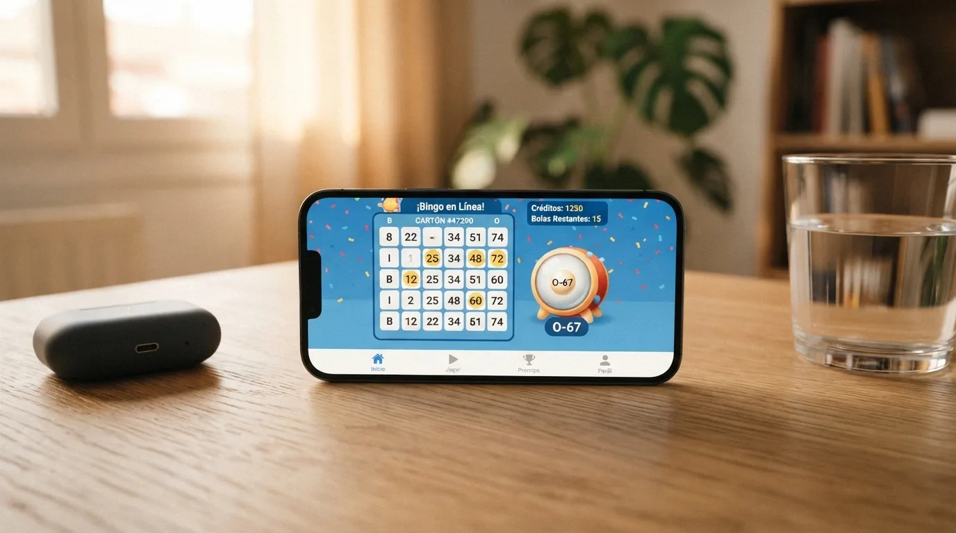 Teléfono móvil mostrando una partida de bingo online en la interfaz adaptada de un casino español
