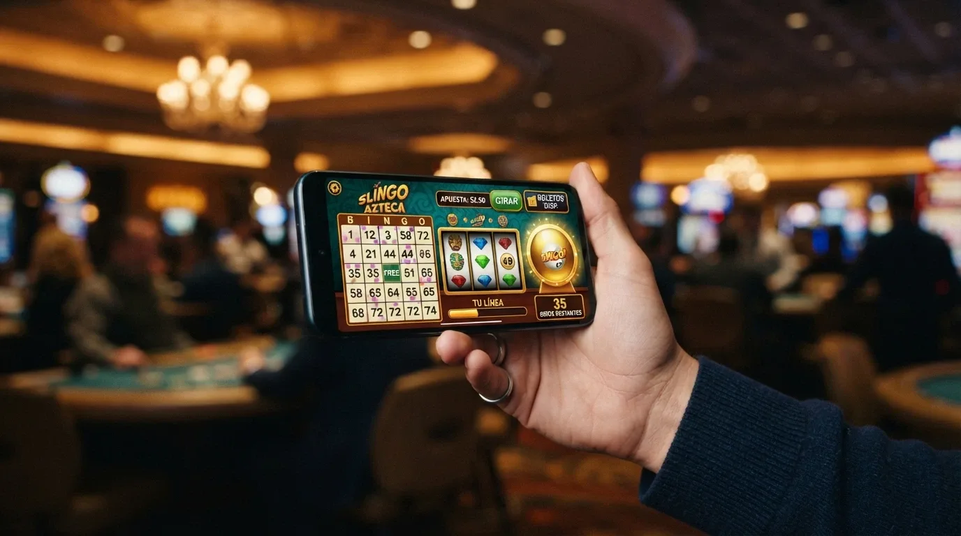 Pantalla de una tragaperras con temática de bingo mostrando rodillos, números y un bombo lateral