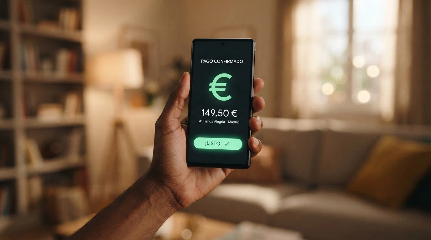 Interfaz de la aplicación Bizum en un teléfono móvil mostrando la opción de envío de dinero a un comercio