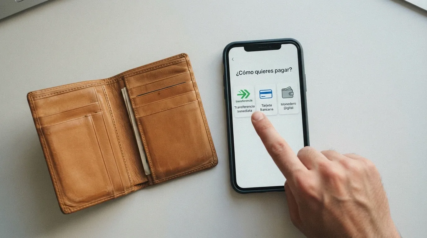 Una cartera abierta junto a un móvil con los iconos de Bizum, Visa y PayPal; una mano señala los dos primeros