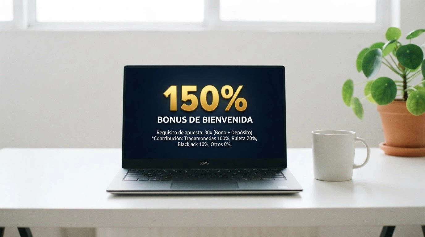 Pantalla de bienvenida de un casino cripto con la cifra del bono en grande y la letra pequeña del wagering debajo