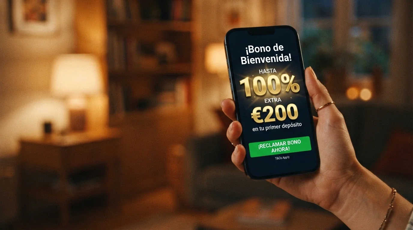 Pantalla de promoción de bono de bienvenida en una app de casino español