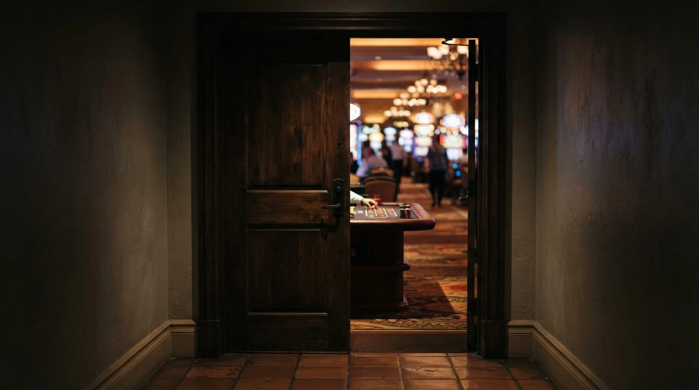 Una puerta entreabierta que deja ver una sala de casino con luces tenues, desde una perspectiva que invita a entrar pero mantiene la distancia