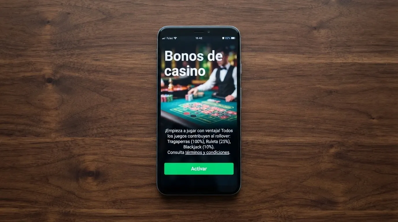 Pantalla de sección de promociones de un casino online con una mesa de ruleta en vivo de fondo difuminada y texto que indica restricciones de contribución al rollover