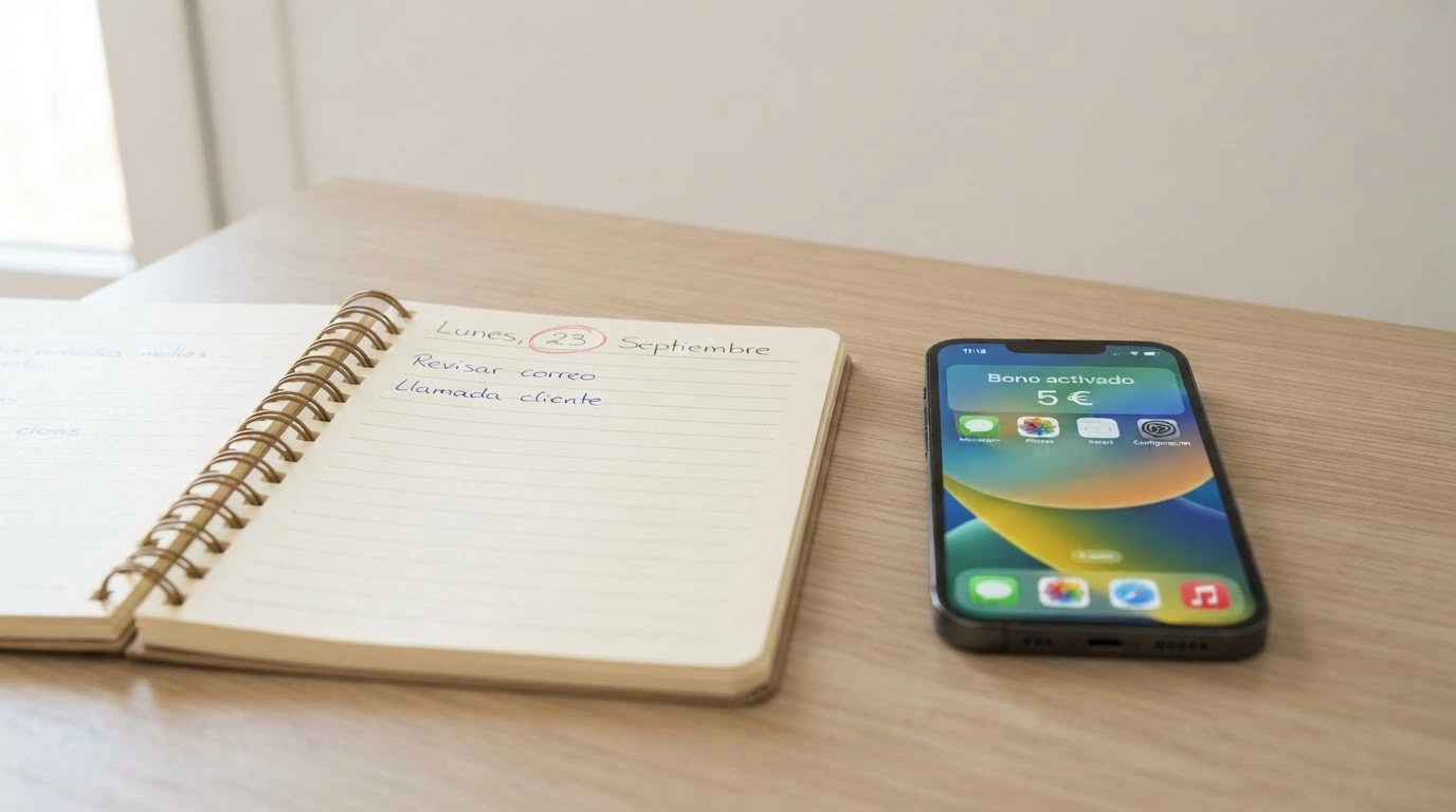 Un calendario con una fecha marcada y una notificación de «bono activado» en la pantalla de un móvil, con el importe de 5 € visible