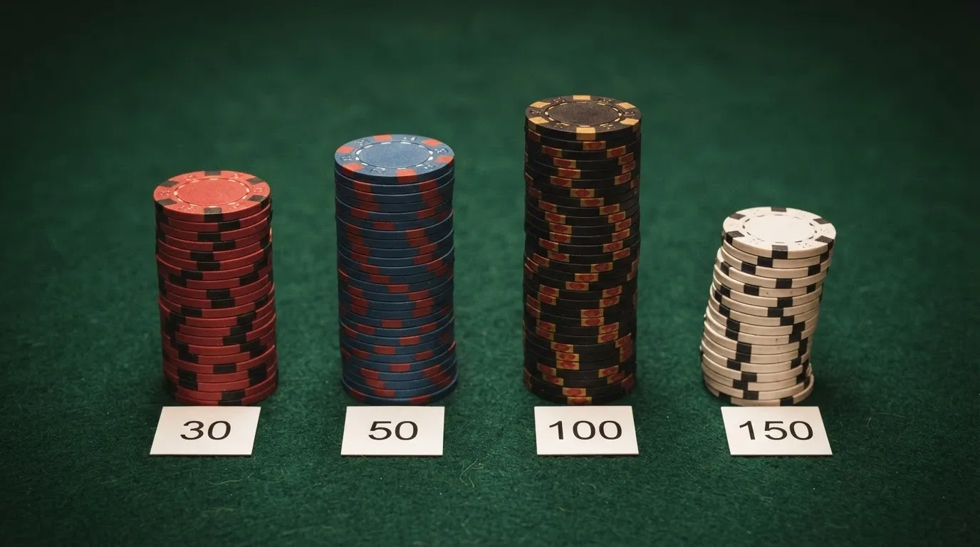 Cuatro montones de fichas de casino de distinto tamaño etiquetados 30, 50, 100 y 150, con el de 150 visiblemente más pequeño que los demás