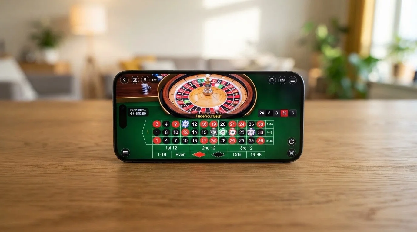 Un teléfono móvil en horizontal mostrando la interfaz táctil de una mesa de ruleta en vivo de Evolution con los botones de apuesta adaptados a la pantalla