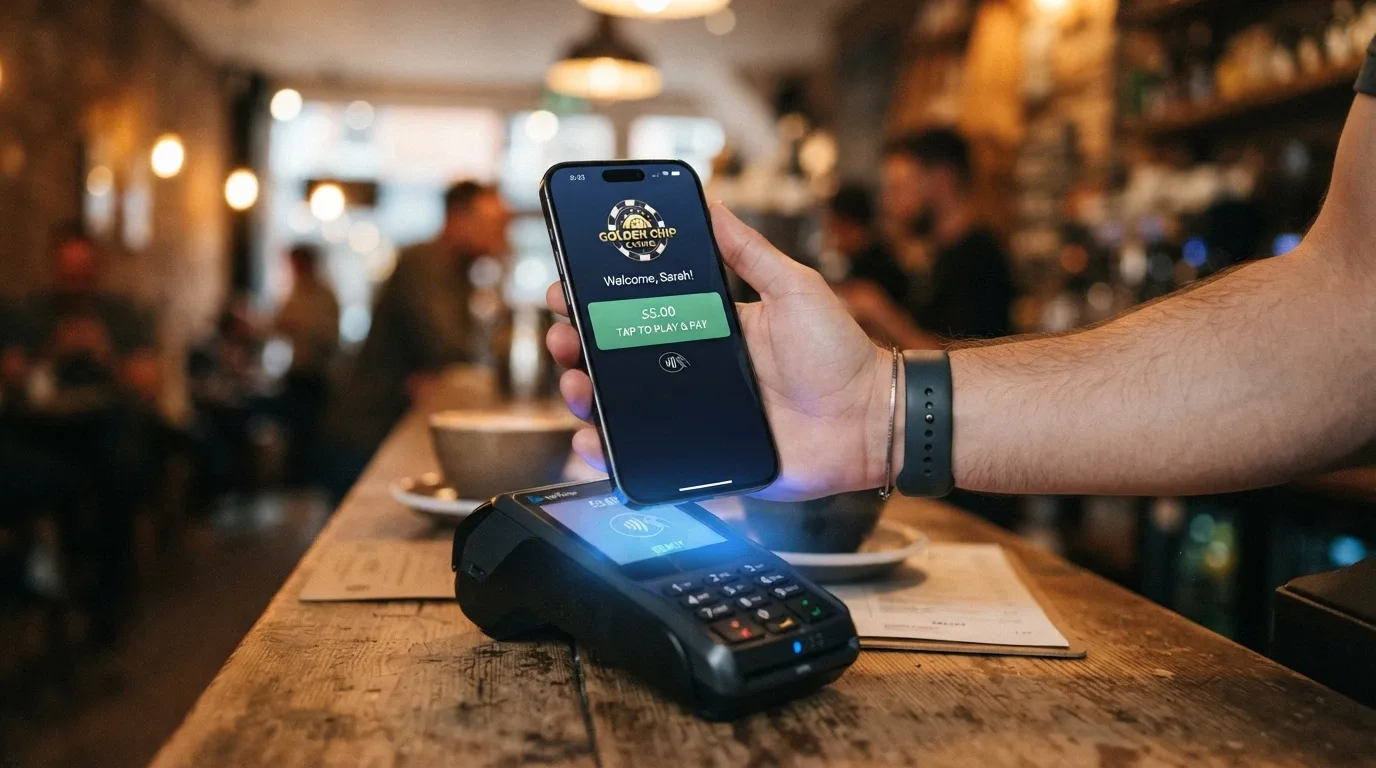 Una mano sosteniendo un móvil sobre un datáfono contactless, con la pantalla del móvil mostrando la app del casino y el símbolo NFC activo