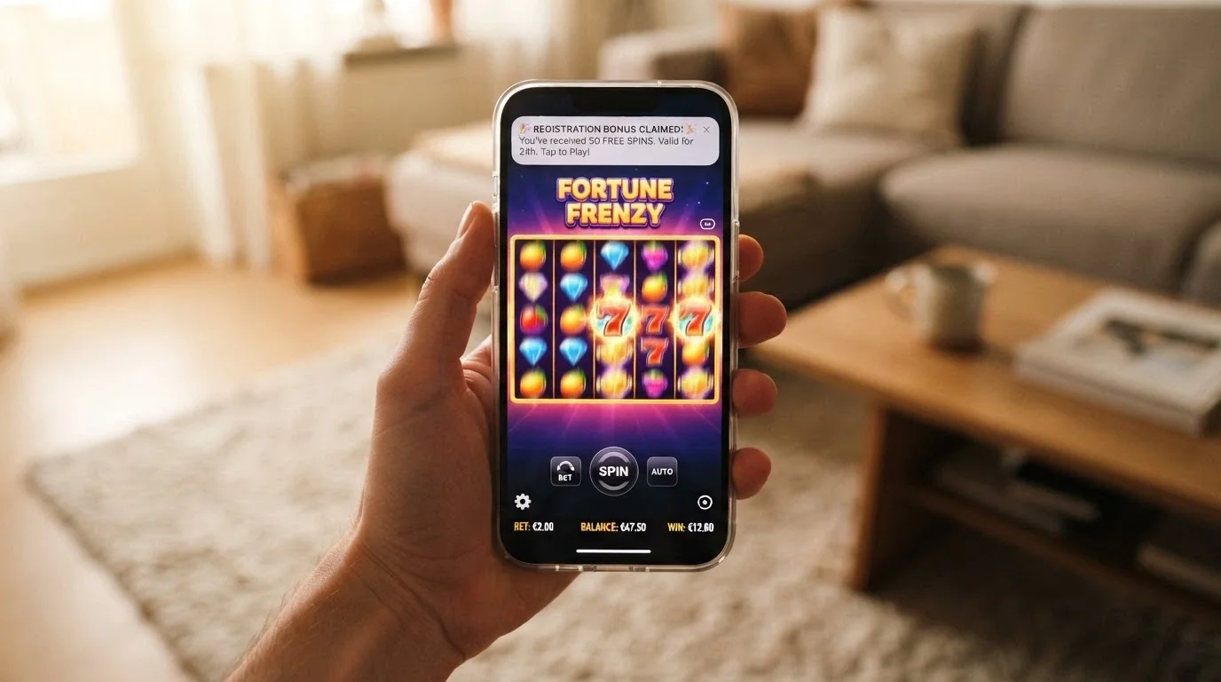 Una mano sujetando un teléfono con una slot de casino en vertical y la notificación de un bono de registro en la parte superior de la pantalla