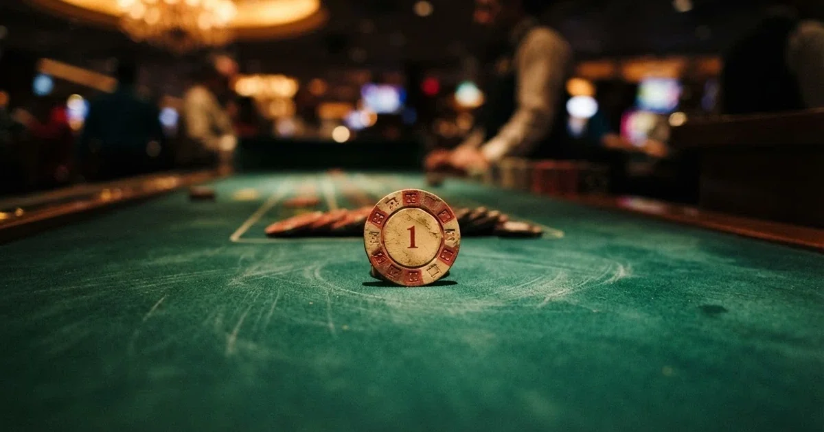 Comparativa de fichas de 10 casinos online españoles con licencia DGOJ sobre una mesa de juego, destacando el depósito mínimo de 1 €