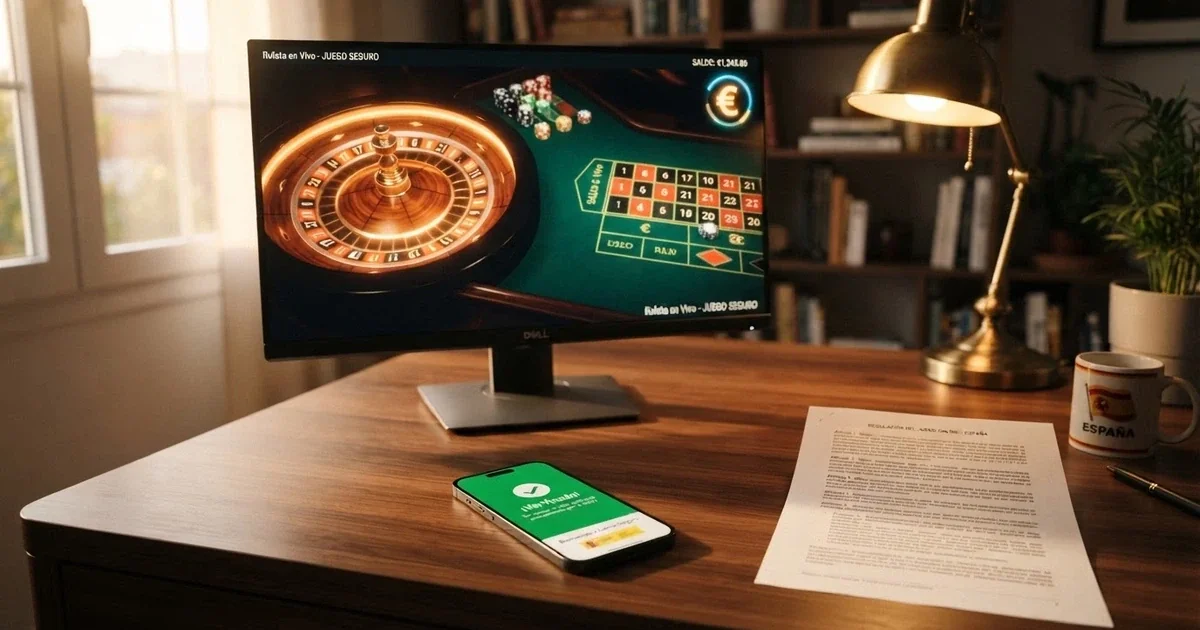 Escritorio con una pantalla mostrando la interfaz de un casino online regulado español, junto a un móvil con la app de la DGOJ abierta y un documento con el escudo del BOE