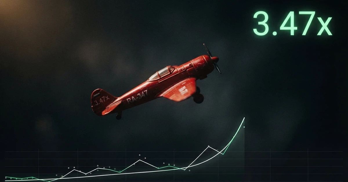 Un avión rojo en pleno ascenso sobre un fondo oscuro con un multiplicador creciente en pantalla y la curva del historial de rondas debajo