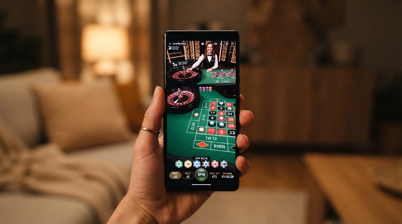 Mano sosteniendo un teléfono móvil en vertical que muestra una mesa de ruleta en vivo con crupier real, fichas y la interfaz de apuestas adaptada a pantalla táctil