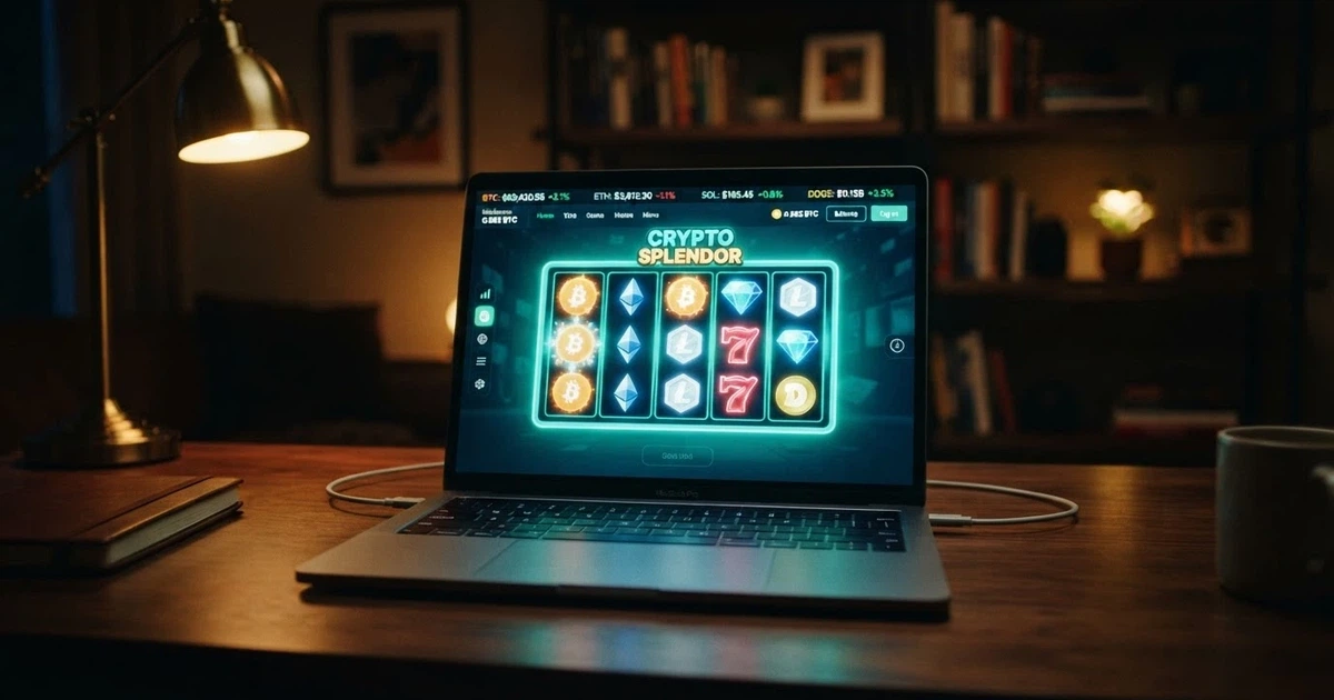 Interfaz de un casino de criptomonedas con panel de juego y cotizaciones de Bitcoin y Ethereum en pantalla