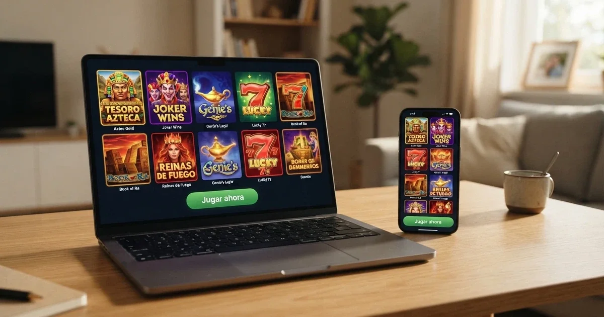 Pantalla de navegador mostrando un catálogo de tragaperras gratuitas con botón «jugar ahora» sin registro, en un portátil y un móvil uno al lado del otro