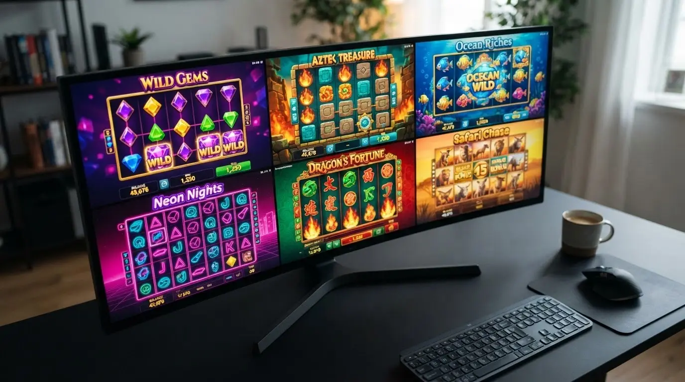 Capturas de pantalla de seis tragamonedas de Hacksaw Gaming alineadas en mosaico mostrando su diversidad visual