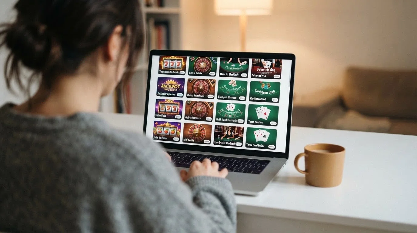 Cuadrícula de miniaturas con portadas de slots, una ruleta, una mesa de blackjack y una de póker, todas con el distintivo «demo» o «jugar gratis»