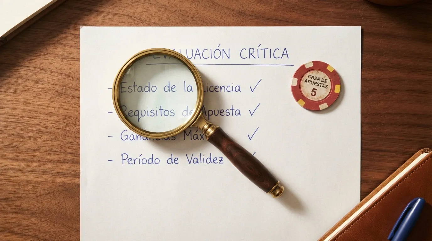 Una lupa sobre una lista manuscrita de criterios de evaluación: licencia DGOJ, rollover, ganancias máximas, validez, con marcas de verificación junto a cada uno