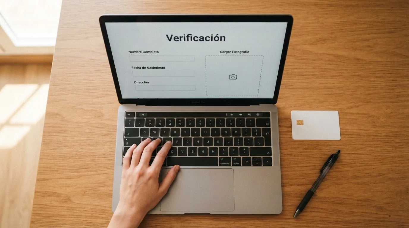 Manos sobre un teclado junto a un DNI español, con la pantalla mostrando un formulario de verificación de cuenta de casino