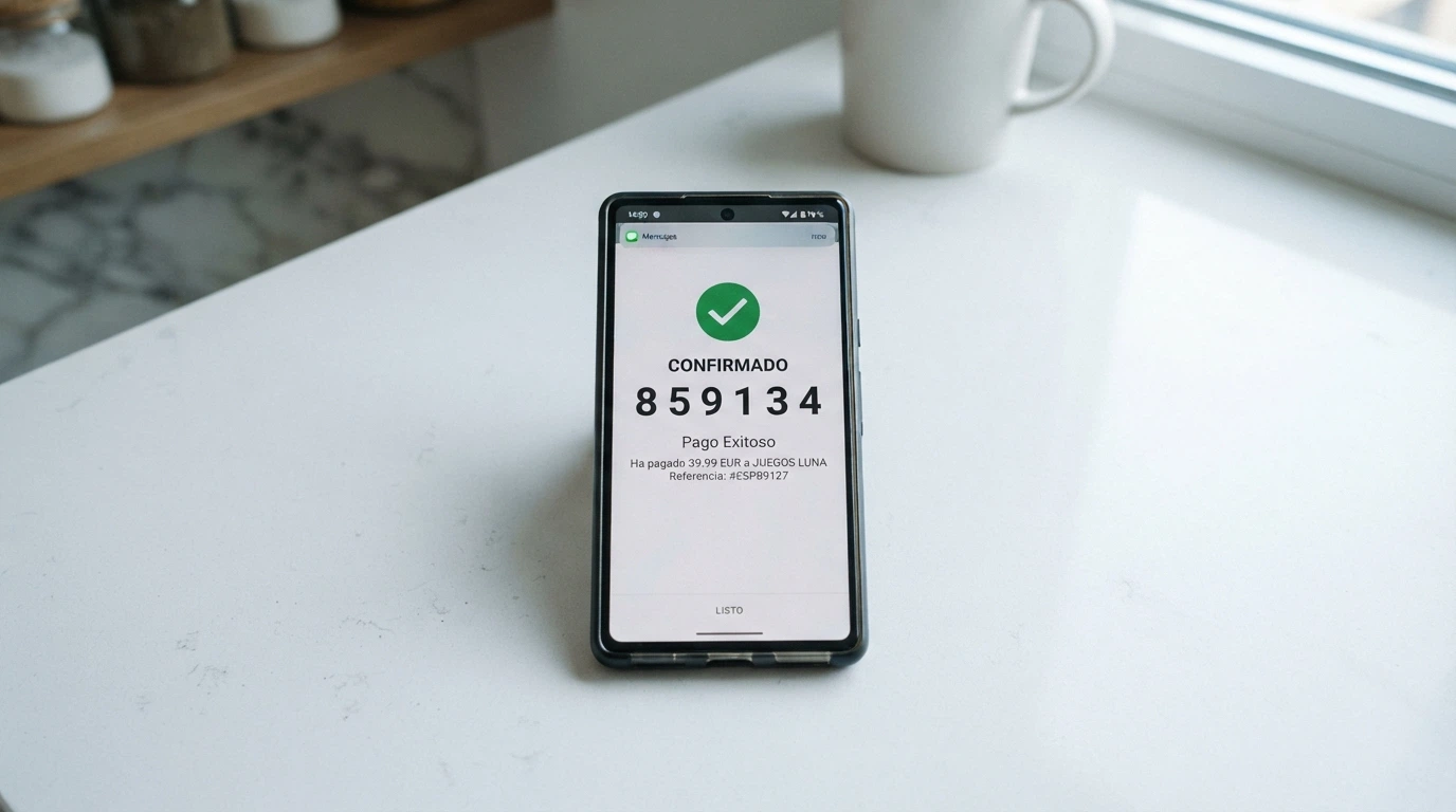 Móvil mostrando la pantalla de confirmación de un pago por SMS con el código de verificación recibido