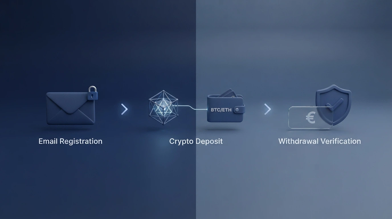 Esquema con tres fases: registro con email, depósito en cripto y verificación solo al superar el umbral de retiro