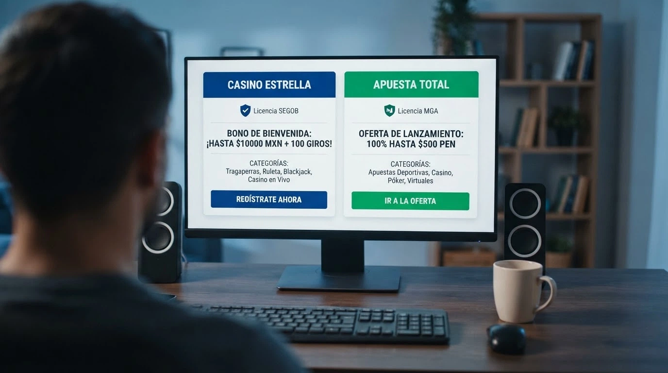 Pantalla dividida con las fichas de dos casinos cripto mostrando licencia, bono y catálogo lado a lado