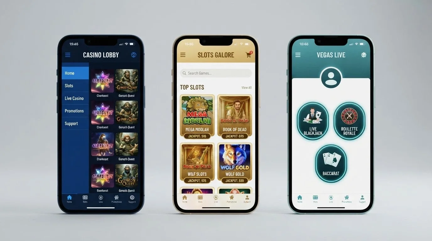 Tres pantallas de móvil mostrando distintas apps de casino con sus interfaces