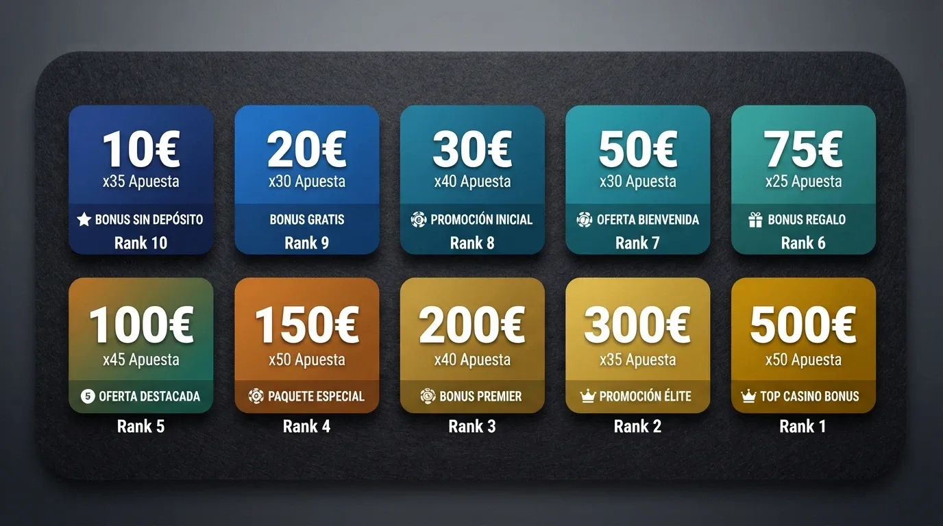 Diez tarjetas de casino ordenadas sobre una mesa, cada una con el nombre de un operador y su cifra de bono, en composición de ranking visual.