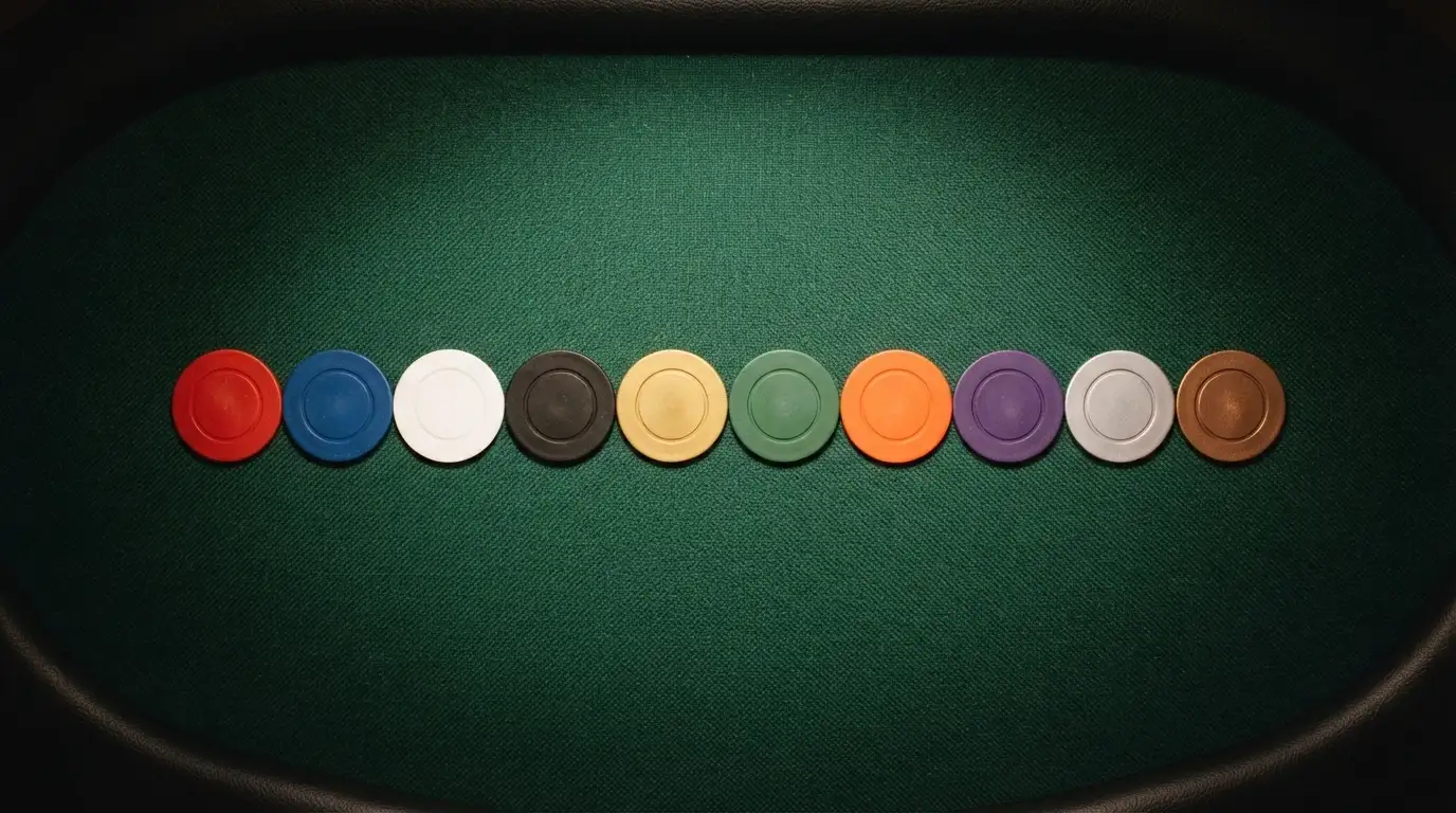 Vista cenital de una mesa con diez fichas de póker alineadas, cada una con el nombre de un casino y un icono de criptomoneda, sobre un fondo de terciopelo verde