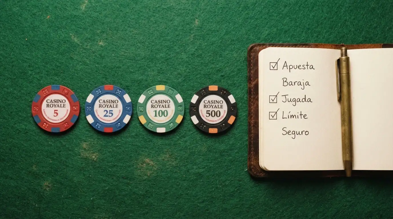 Una mesa de comparación con fichas de casino alineadas por colores, cada una representando un criterio: depósito mínimo, bono, rollover, juegos