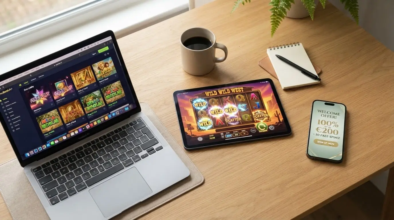 Vista de varios dispositivos mostrando el lobby de tragaperras de distintos casinos online españoles con títulos Fire Blaze destacados