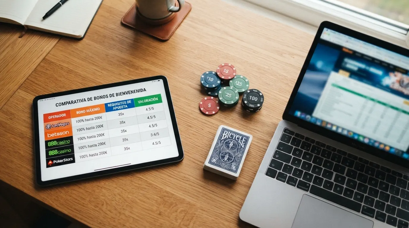 Una tabla comparativa abierta en una tablet junto a un portátil donde se ven las fichas de varios casinos españoles con su oferta de giros gratis
