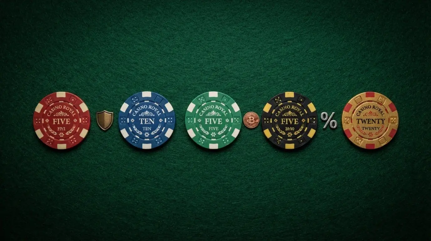 Vista comparativa de fichas de casino con iconos de licencia, criptomoneda y bono