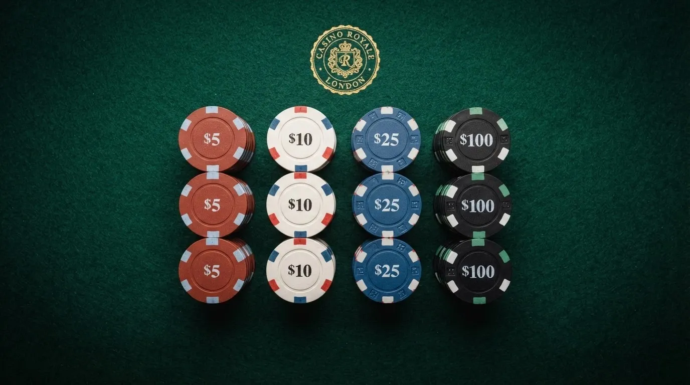 Una vista cenital de varias fichas de casino ordenadas en columnas, cada una con un valor diferente y un sello de licencia visible