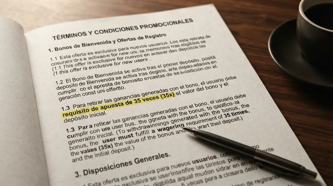 Primer plano de la sección de términos y condiciones de un bono de bienvenida en un casino online español