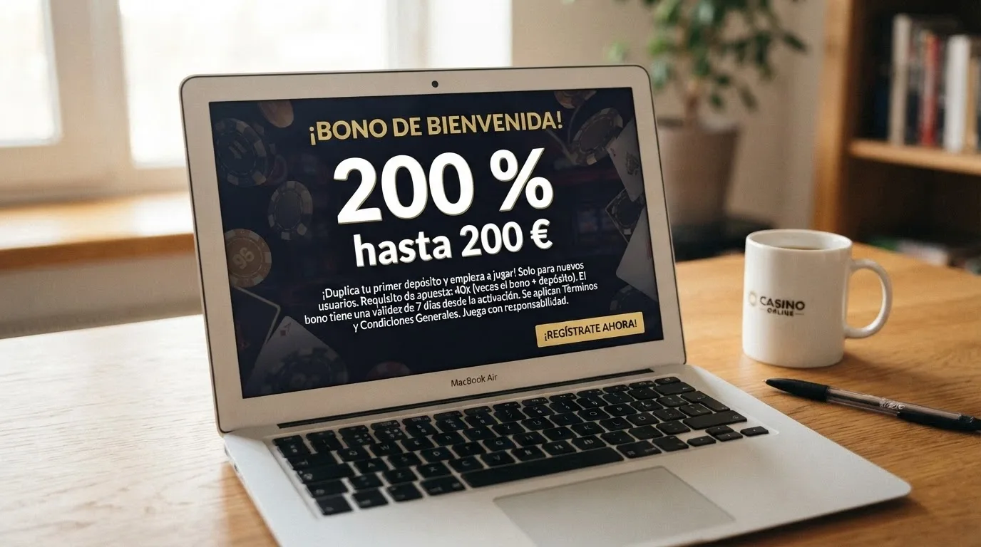 Primer plano de los términos del bono de bienvenida: porcentaje, importe máximo, plazo de 7 días y requisito de apuesta
