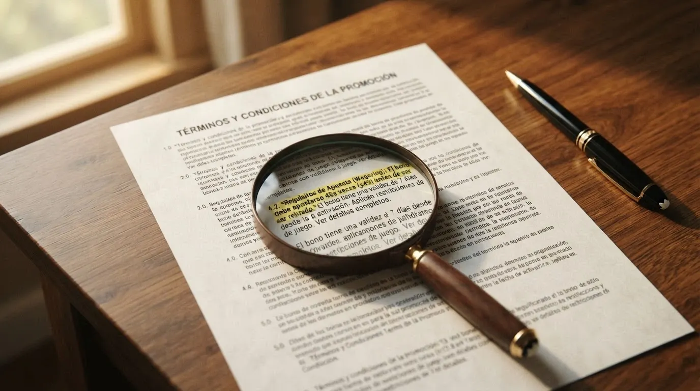 Primer plano de un documento con los términos de un bono, una lupa sobre el apartado de «requisito de apuesta ×30» y «plazo de validez»