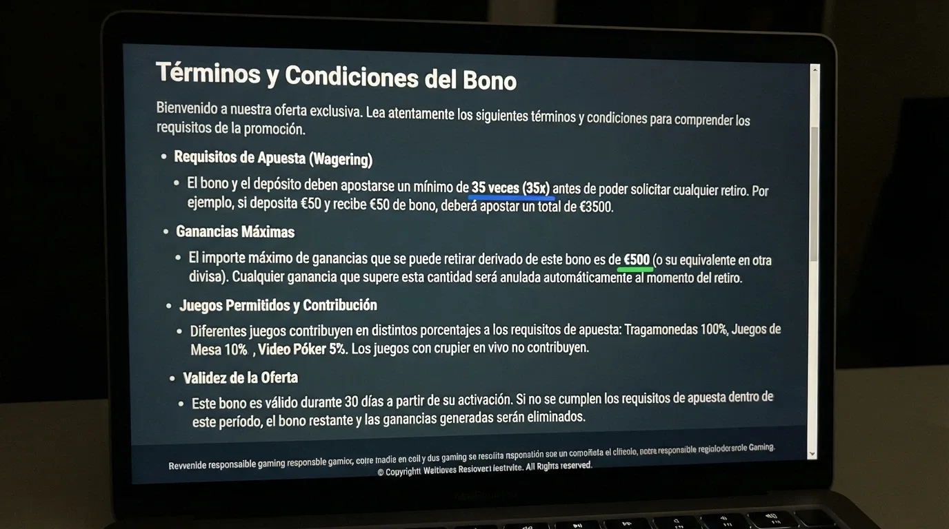 Primer plano de una pantalla con los términos y condiciones de un bono de casino, con el requisito de apuesta y el límite de ganancias resaltados en la letra pequeña