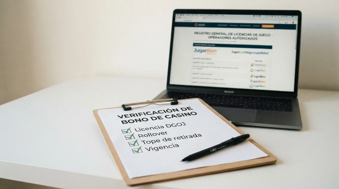 Un portapapeles con una checklist de verificación: licencia DGOJ, rollover, tope de retirada y vigencia, con el registro de operadores en una pantalla de fondo.
