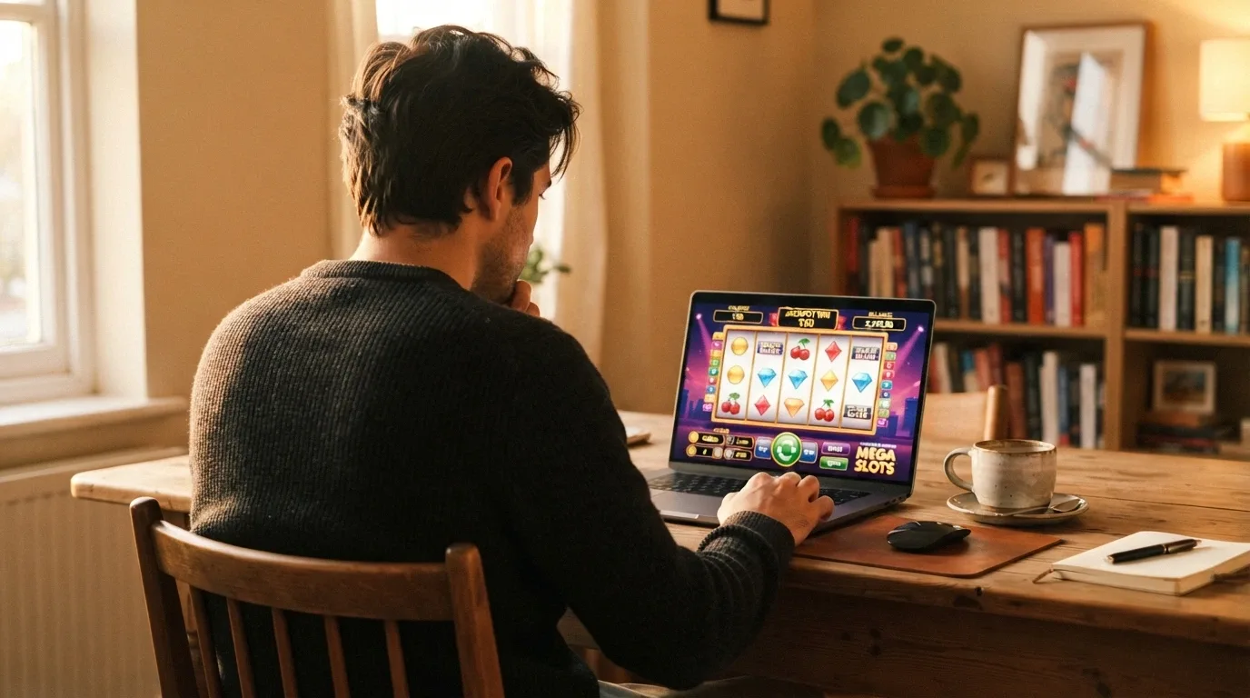 Jugador frente a la pantalla de un portátil sopesando opciones de depósito en un casino online con una taza de café al lado