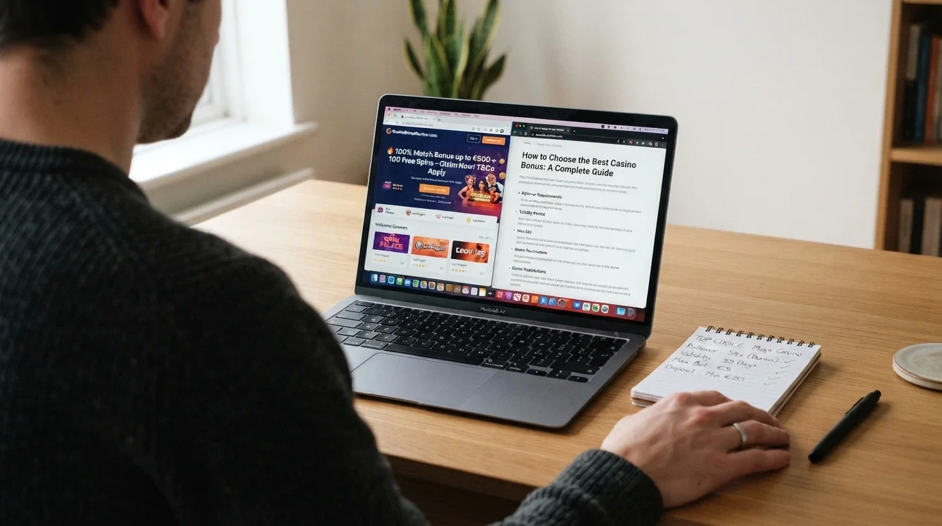 Un jugador frente a la pantalla de un portátil con dos pestañas abiertas — una ficha de casino y esta guía — y un bloc de notas al lado con los criterios apuntados